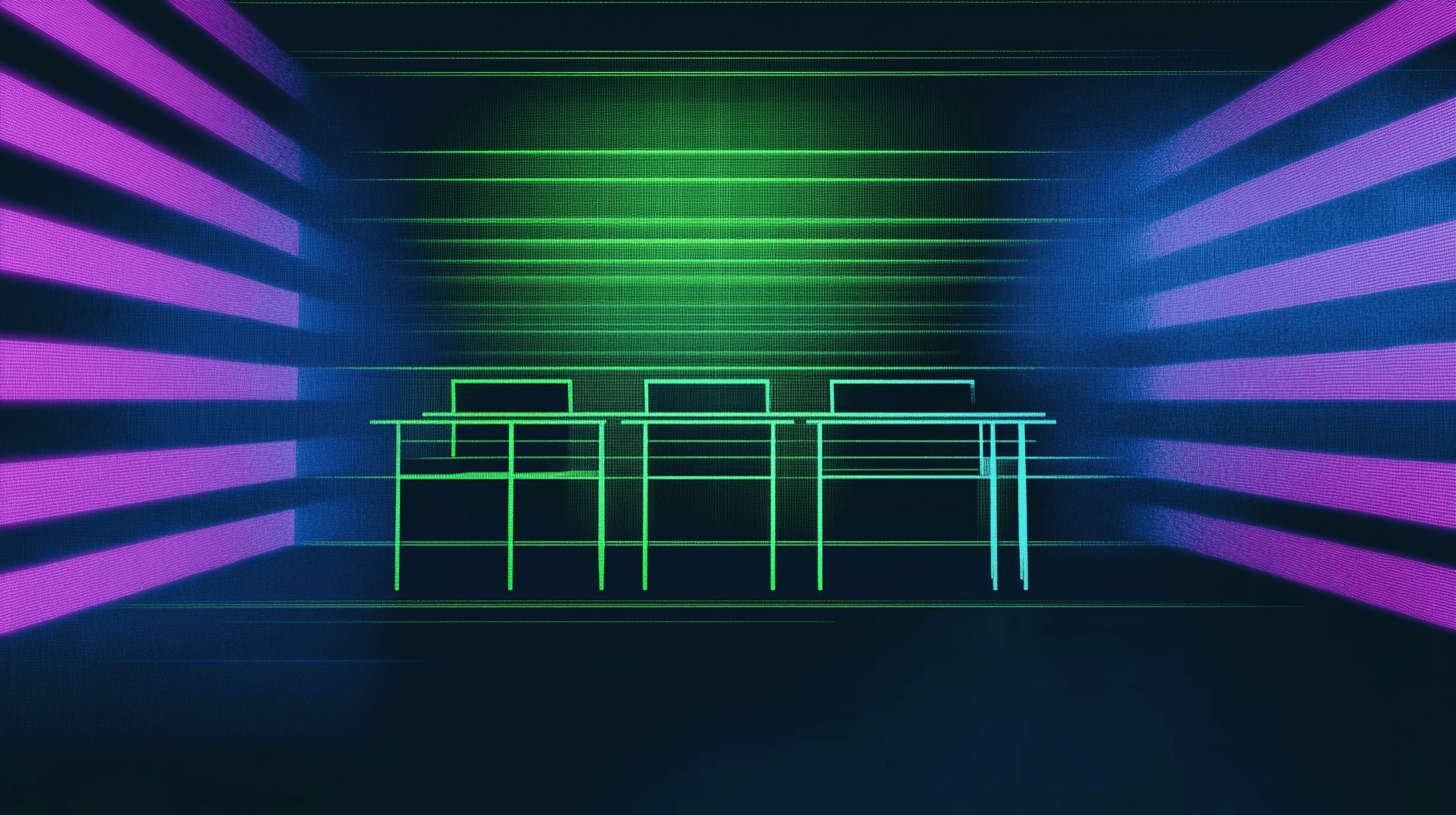 Futuristic wireframe classroom in ChatGPT design in a digital space.
