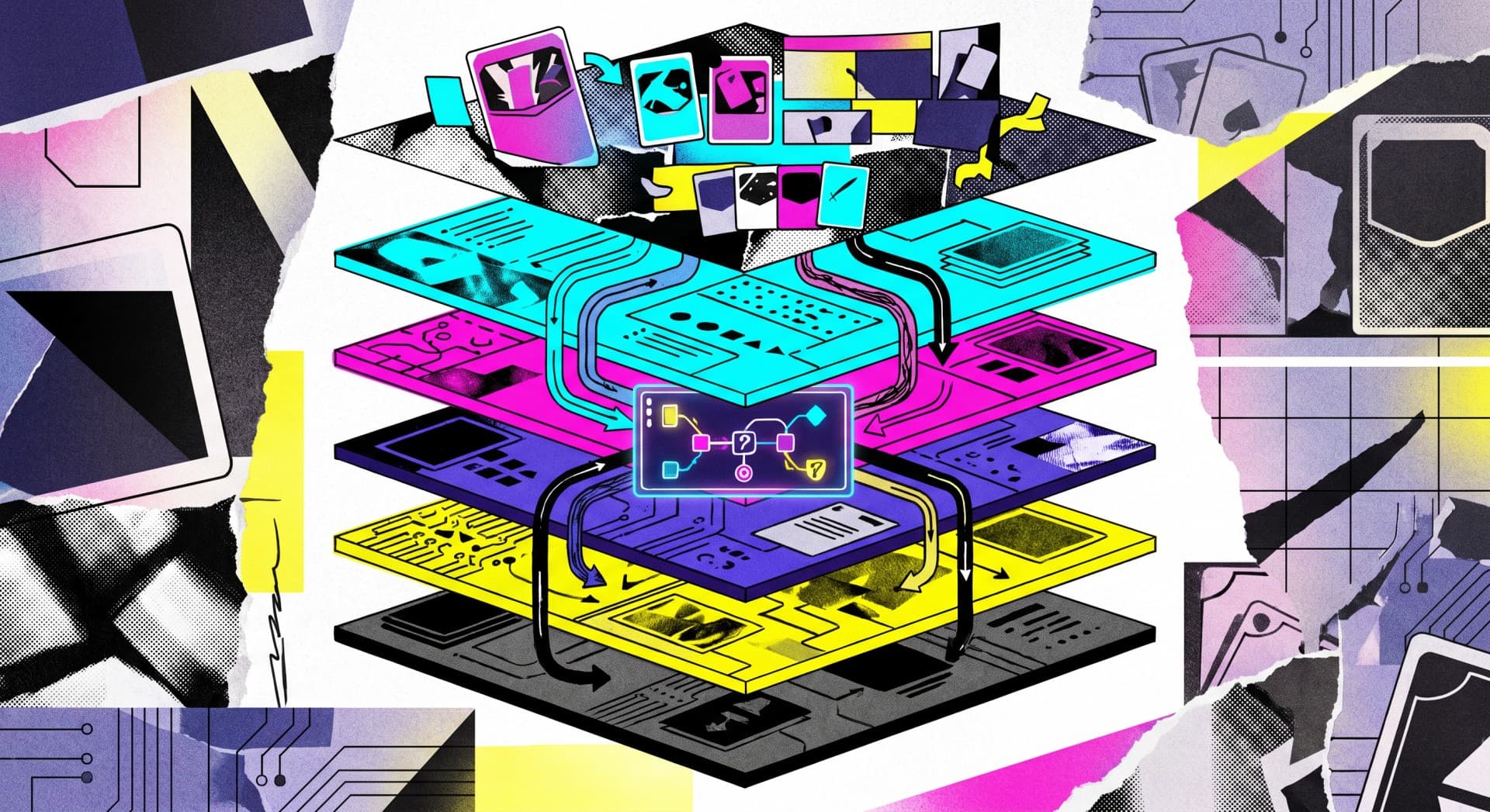 A multi-layered illustration of a modular AI agent architecture featuring colored cards connected by flow arrows.