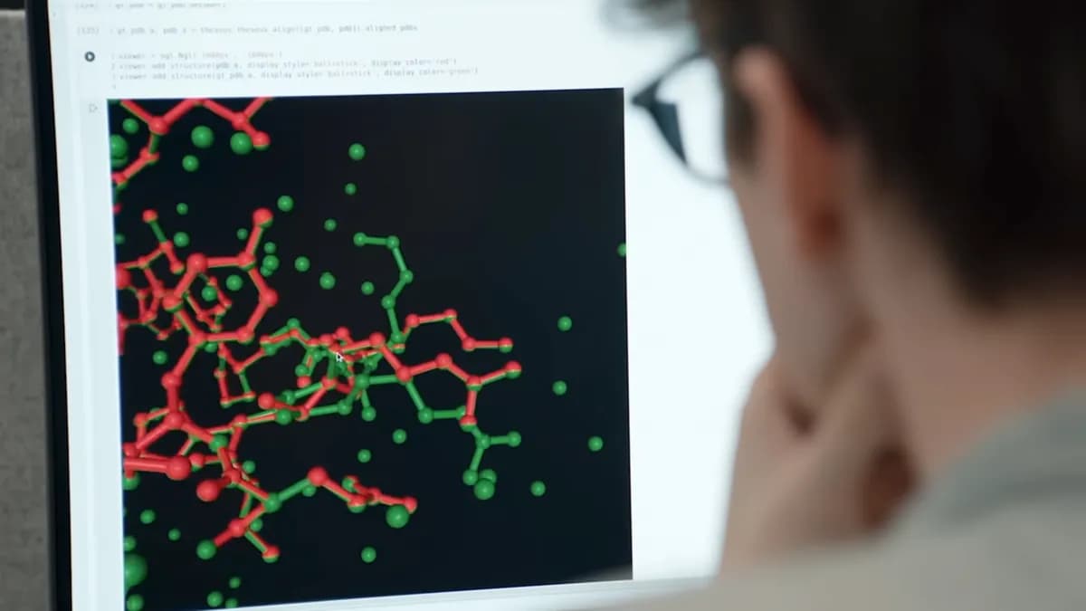 A man looking at a computer screen displaying a 3D molecular structure with red and green atoms and bonds against a dark background.