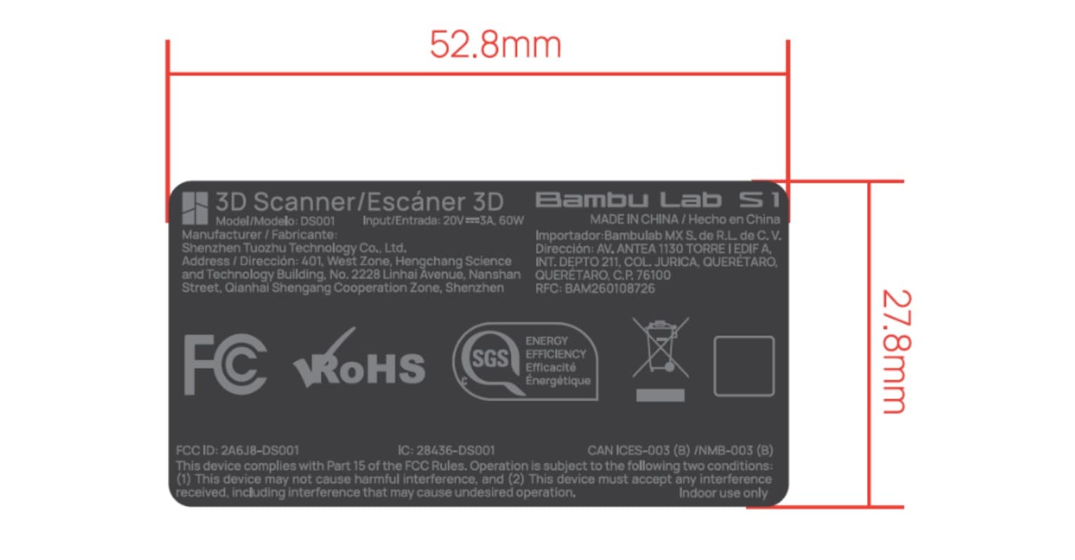 Label of S1 3D scanner in FCC filing