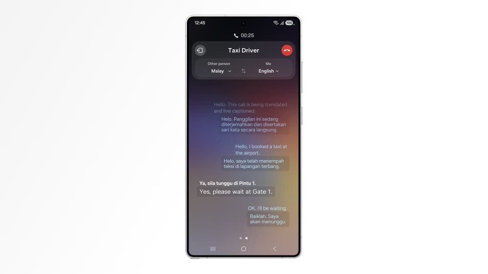 An image of a live translation of a phone call between Malay and English