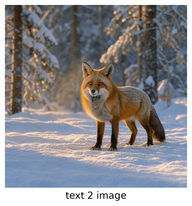 A red fox standing alert in a snow-covered forest clearing, lit by low golden sunlight from the left