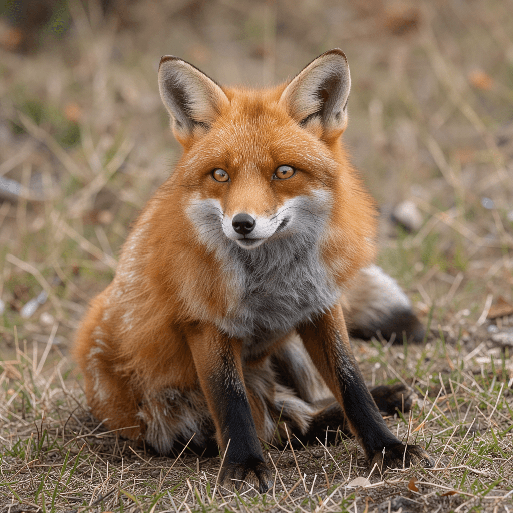 A red fox sitting on dry grass