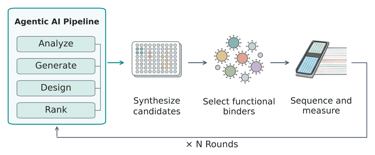 A diagram illustrating a multi-round, closed-loop agentic AI pipeline for designing and validating aptamer candidates.