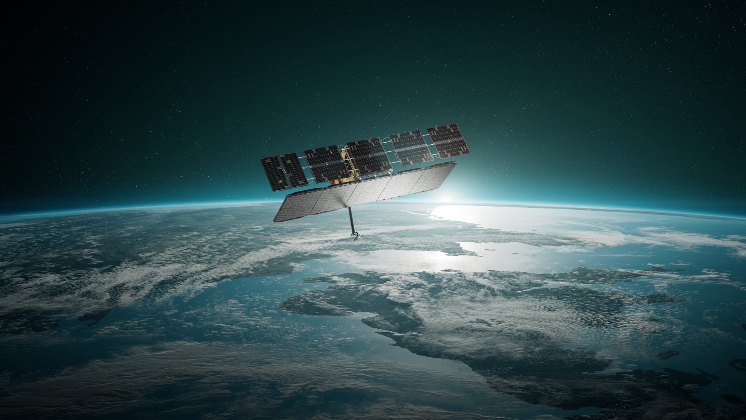 Rendering of an ICEYE radar satellite in orbit above Earth