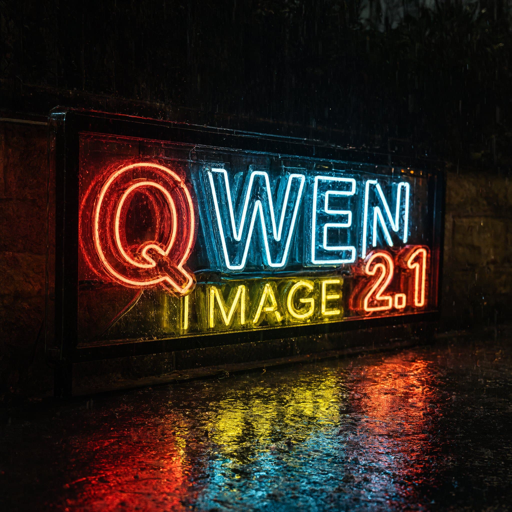 Neon shop sign reading QWEN IMAGE 2.1