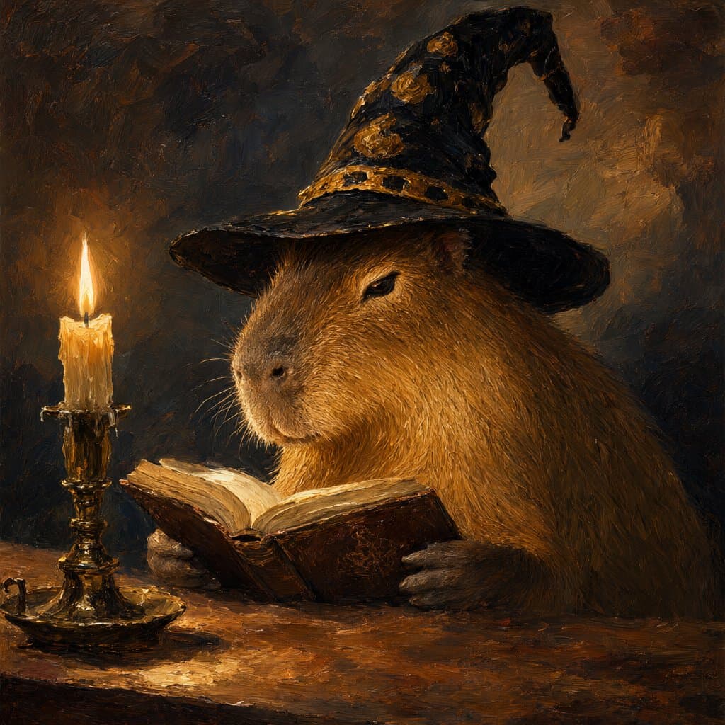 A capybara wearing a wizard hat, reading a book by candlelight, oil painting