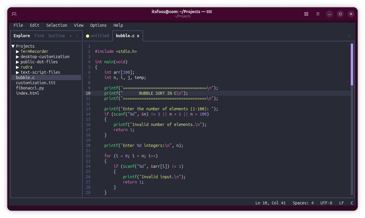 Syntax Highlighting in TTT shown using a sample C file.