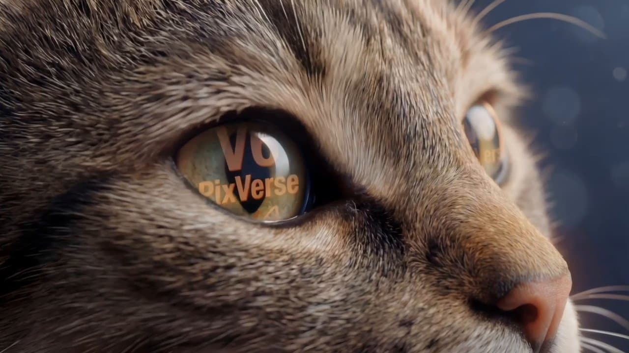 Close-up of a cat's eye with the "PixVerse V6" logo reflected in it, showing photorealistic fur texture and lighting effects.