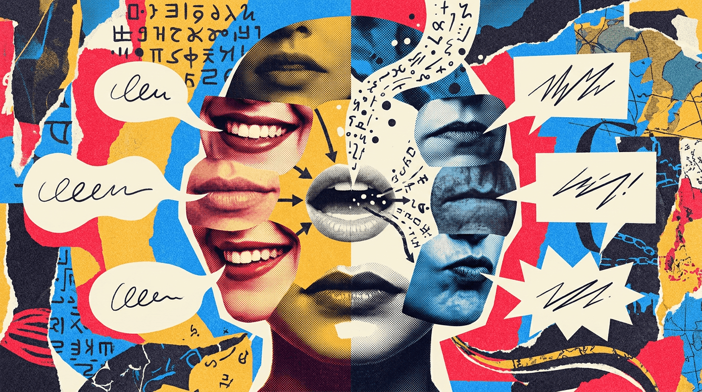 A colorful collage of mouths and speech bubbles with cryptic text symbolizes the diversity of AI-powered communication.