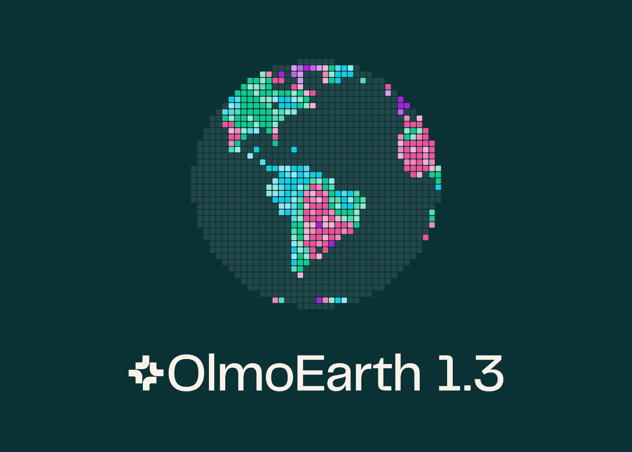 Pixelated globe in teal and magenta above the OlmoEarth 1.3 wordmark on a dark green background.
