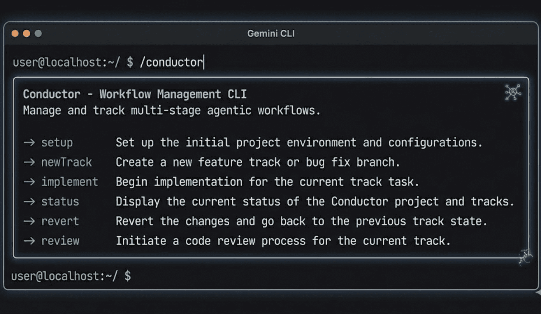 The Gemini CLI terminal after typing /conductor showing the list of available sub-commands