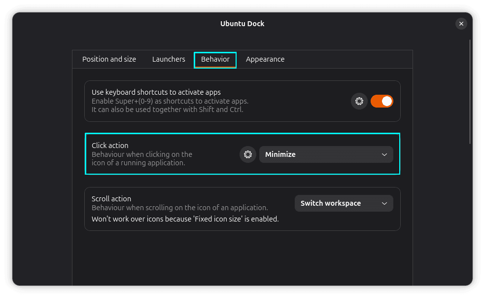 Set the dock click action to minimize using the extension settings.