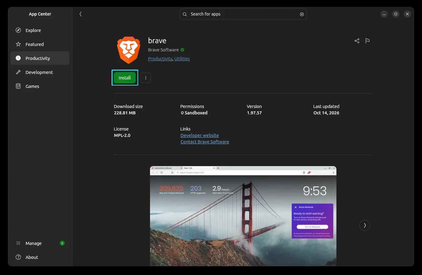 Install application via Ubuntu App Center. This screenshot shows the Brave Browser Snap applicaton installation page in the App Center.