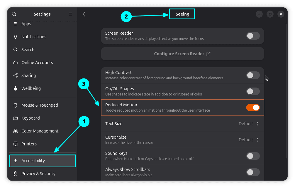 Settings to enable reduced motion animation in Ubuntu
