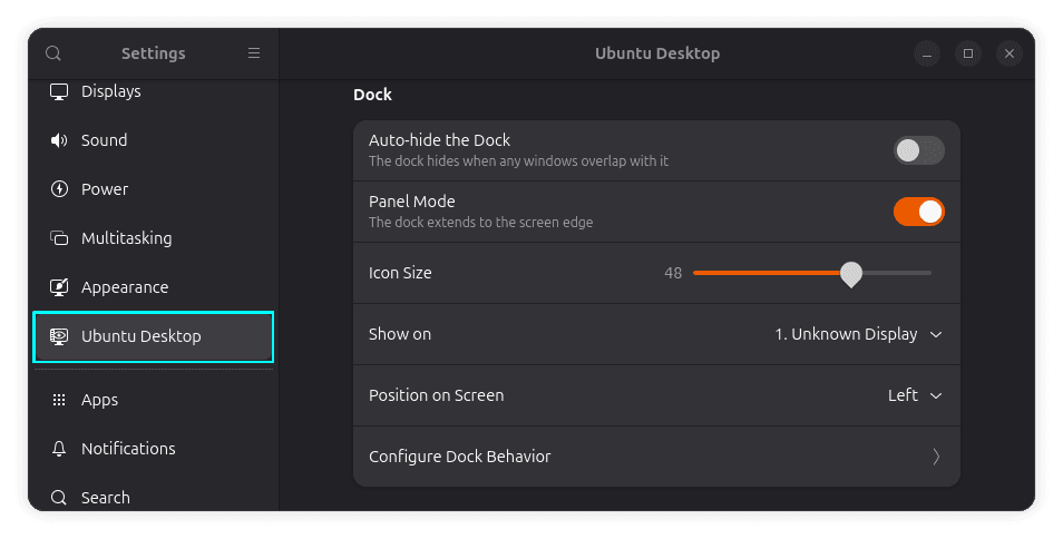 Ubuntu Dock Settings in the Default System Settings Application