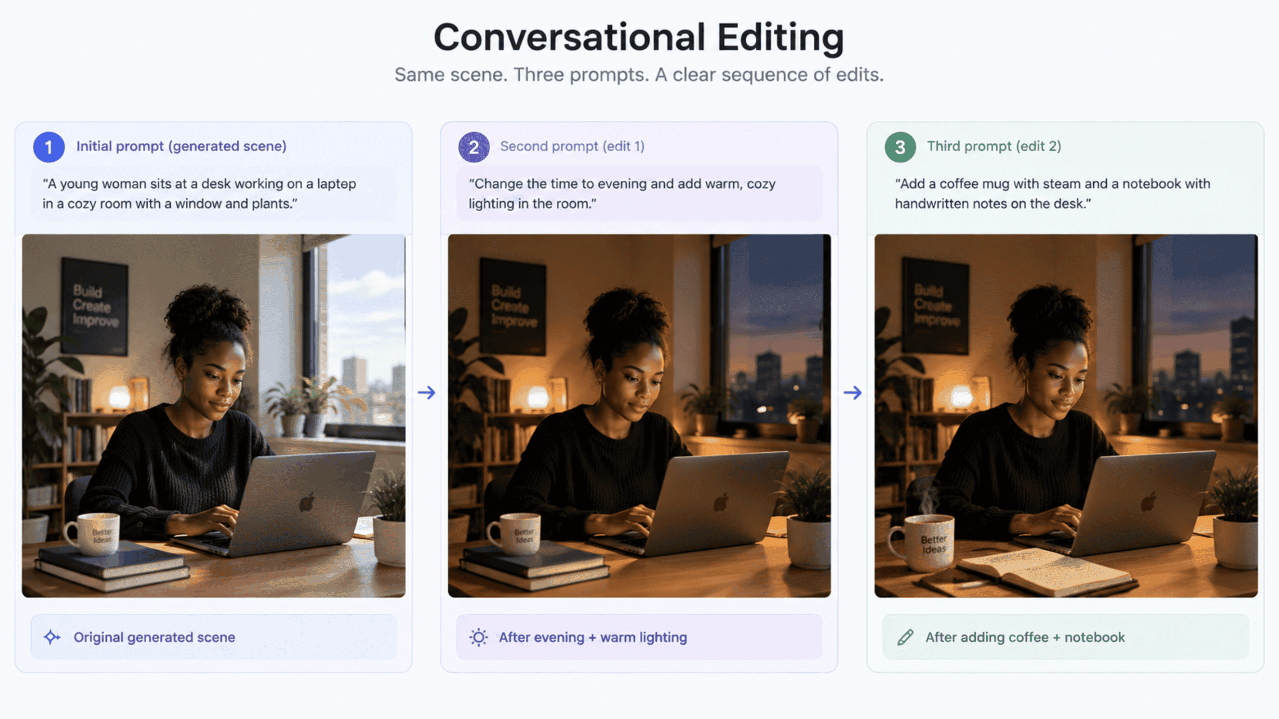 A three-panel storyboard graphic showing the same video frame across three conversational edits in sequence.