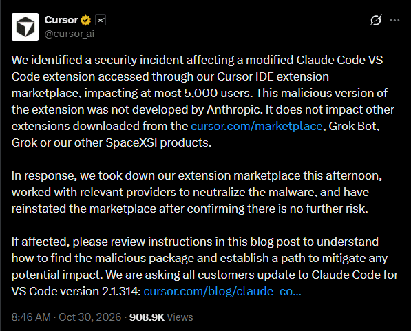 Cursor พบส่วนขยาย Claude Code ปลอม แฝงมัลแวร์ขโมยข้อมูลผู้ใช้