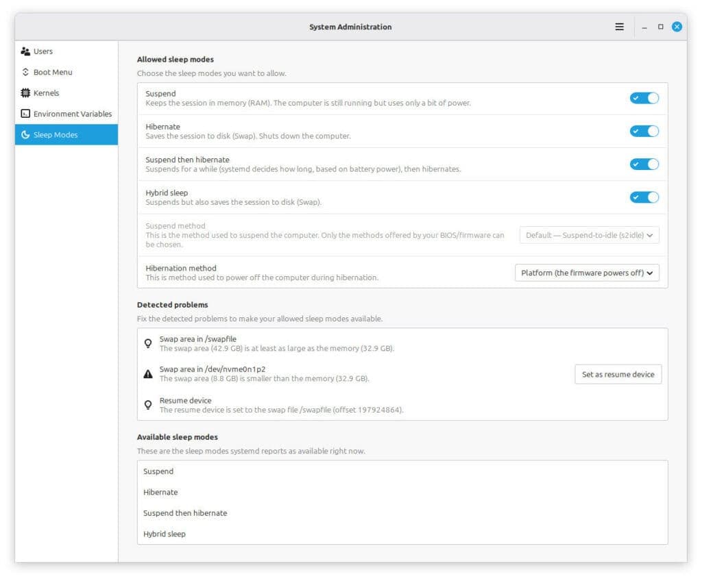 The new System Administration tool has a dedicated section for Sleep Modes.