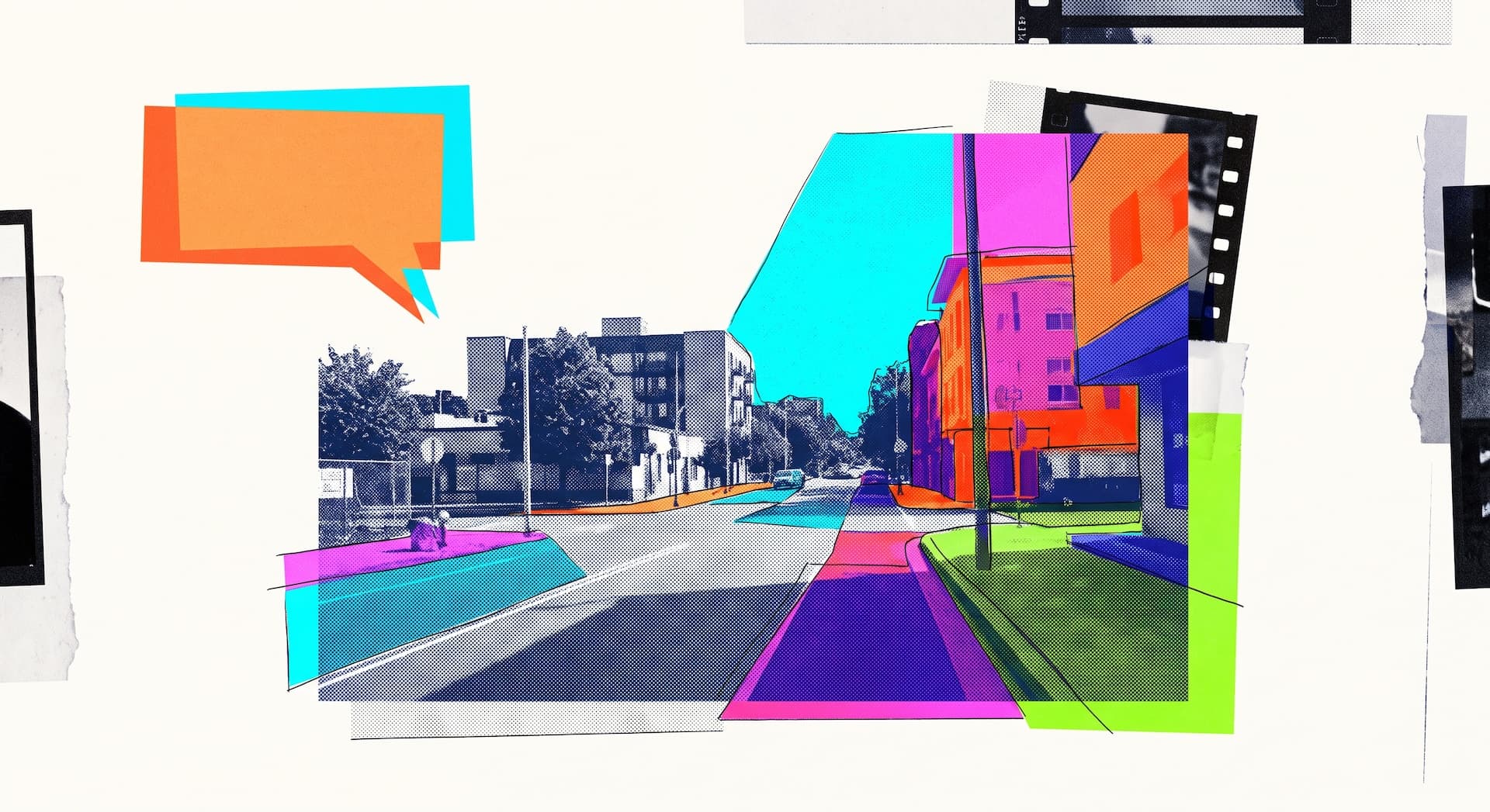 Digital artwork: an urban street scene featuring buildings and a sidewalk, overlaid with colorful geometric AI overlays.