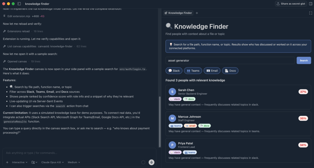 Canvas showing a knowledge finder that helps search across multiple workspaces.