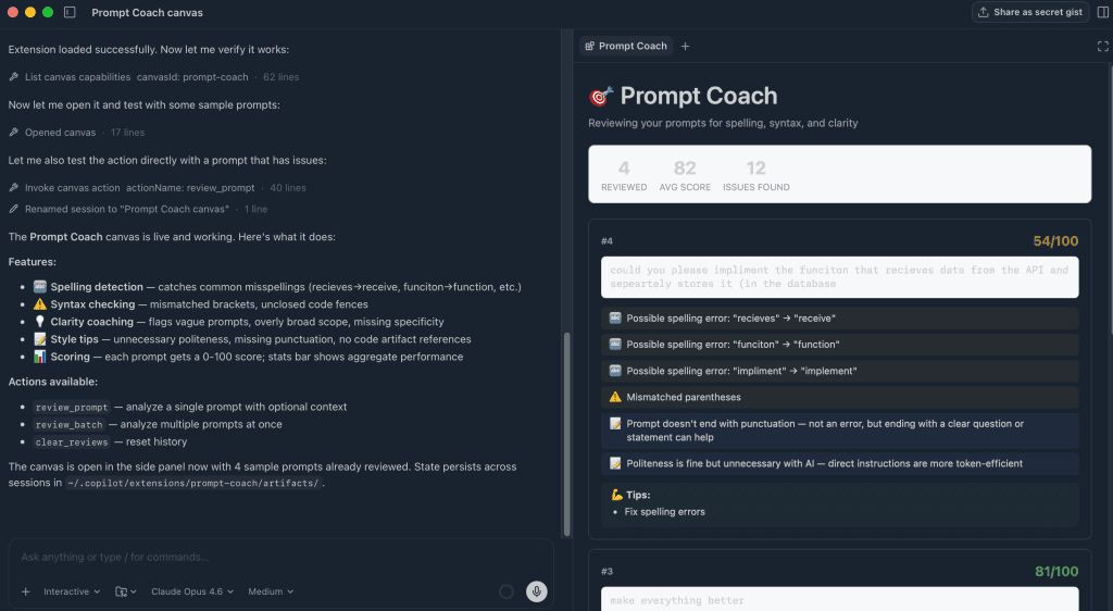 Canvas showing a prompt coach to help improve wording of previous prompts.