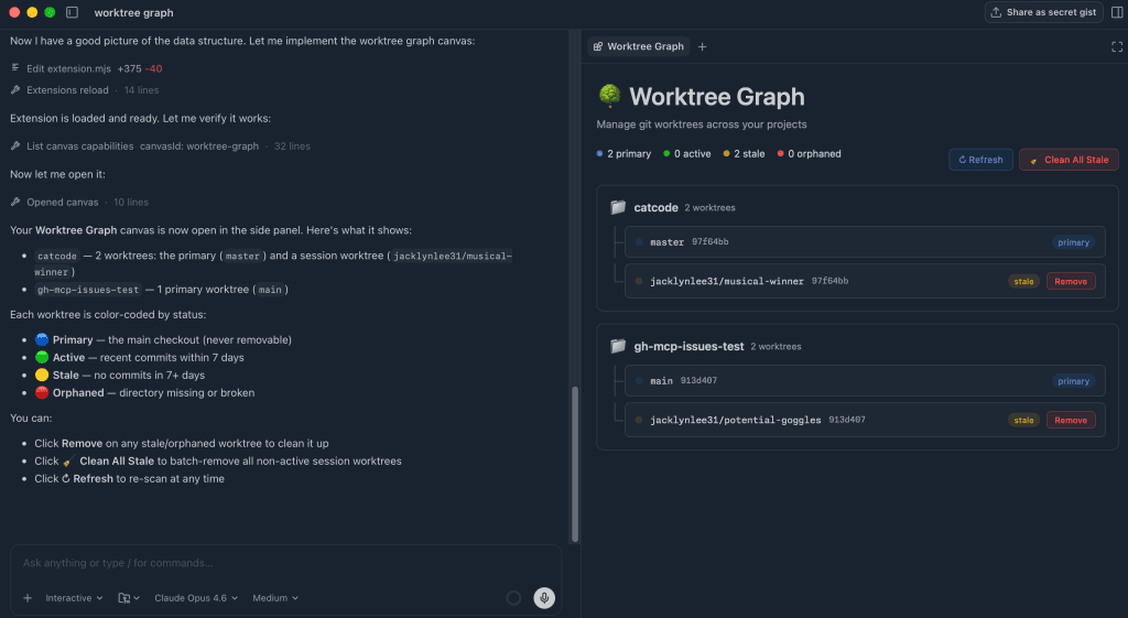 Canvas showing a worktree view of Copilot sessions.