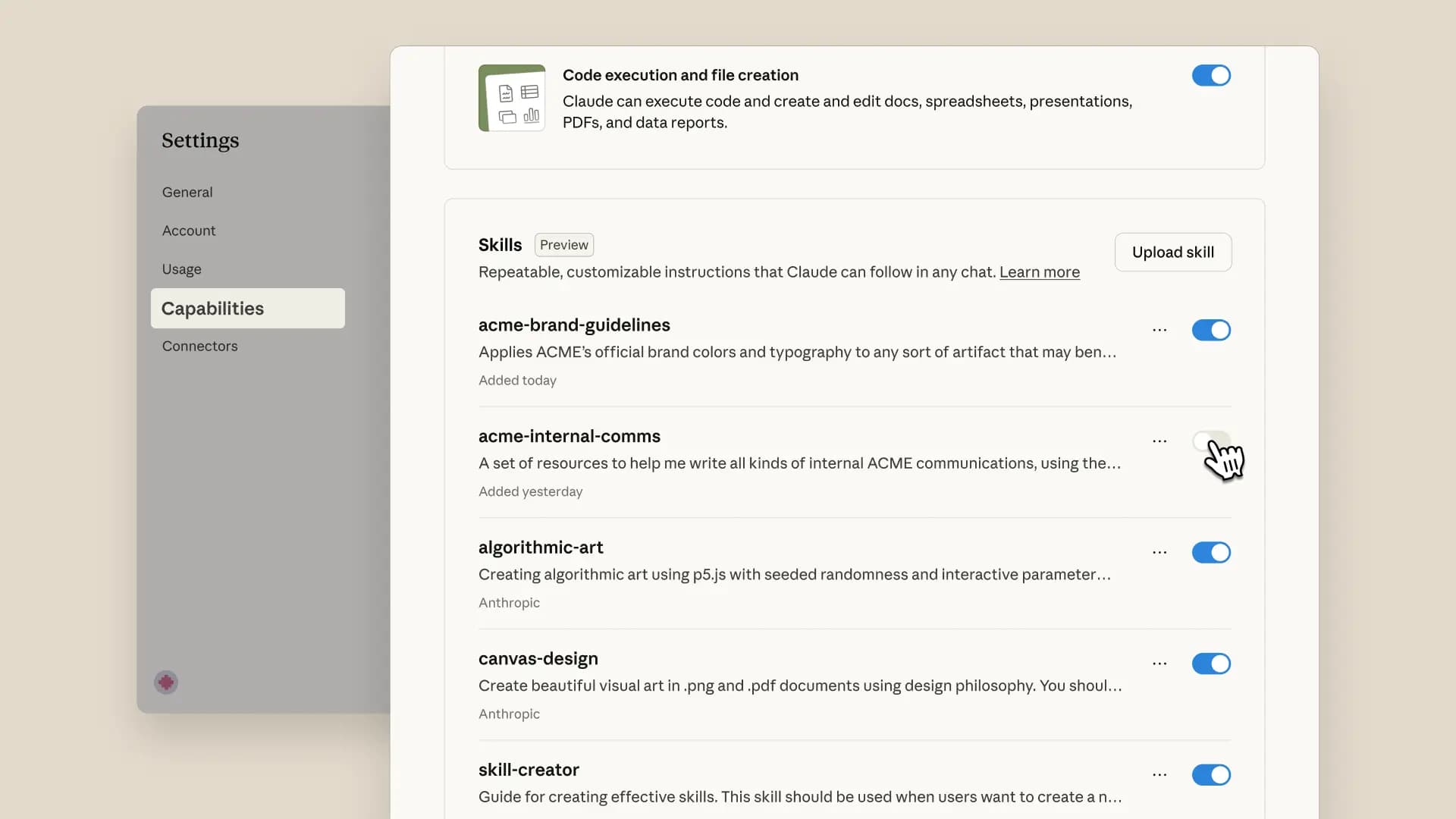 The Skills capabilities interface in Claude.ai with example Skills toggled on.