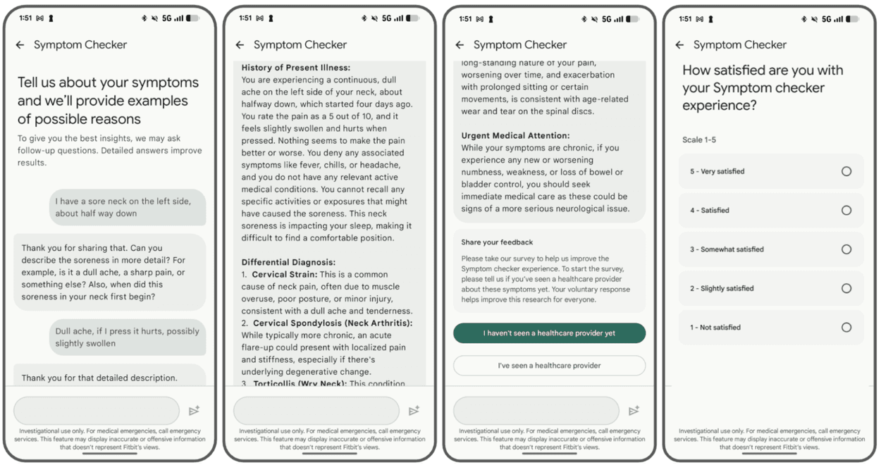 Four smartphone screenshots display a conversational Symptom Checker research app collecting neck pain symptoms, showing a diagnosis summary, and prompting a feedback rating.