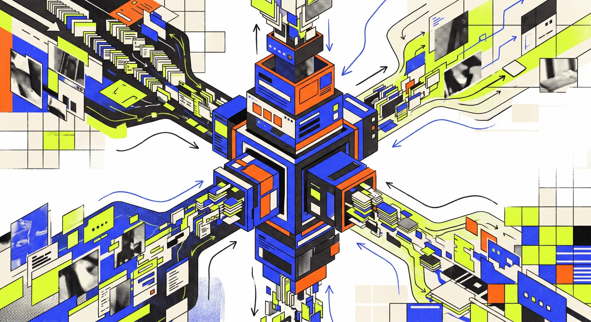 Isometric illustration of an AI coding swarm: a central hub coordinates parallel agent data streams.