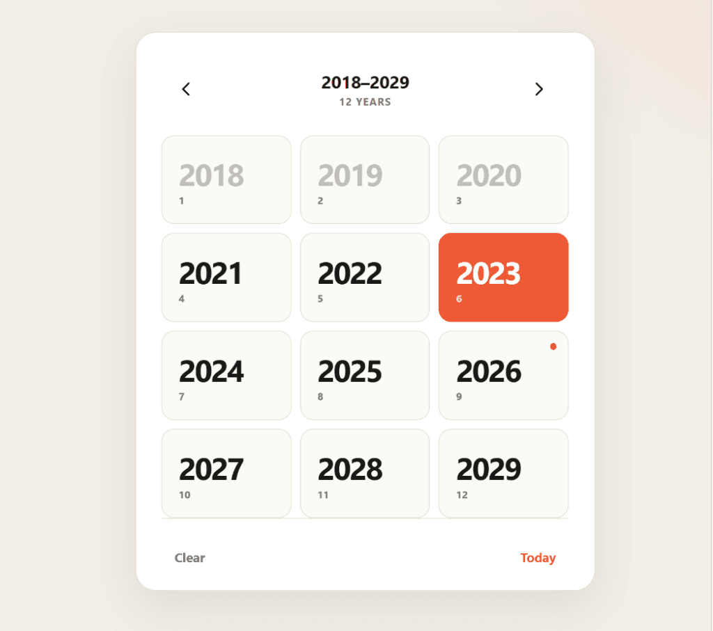 Initial date picker result. It shows 12 boxes with years to select from 2018-2029.