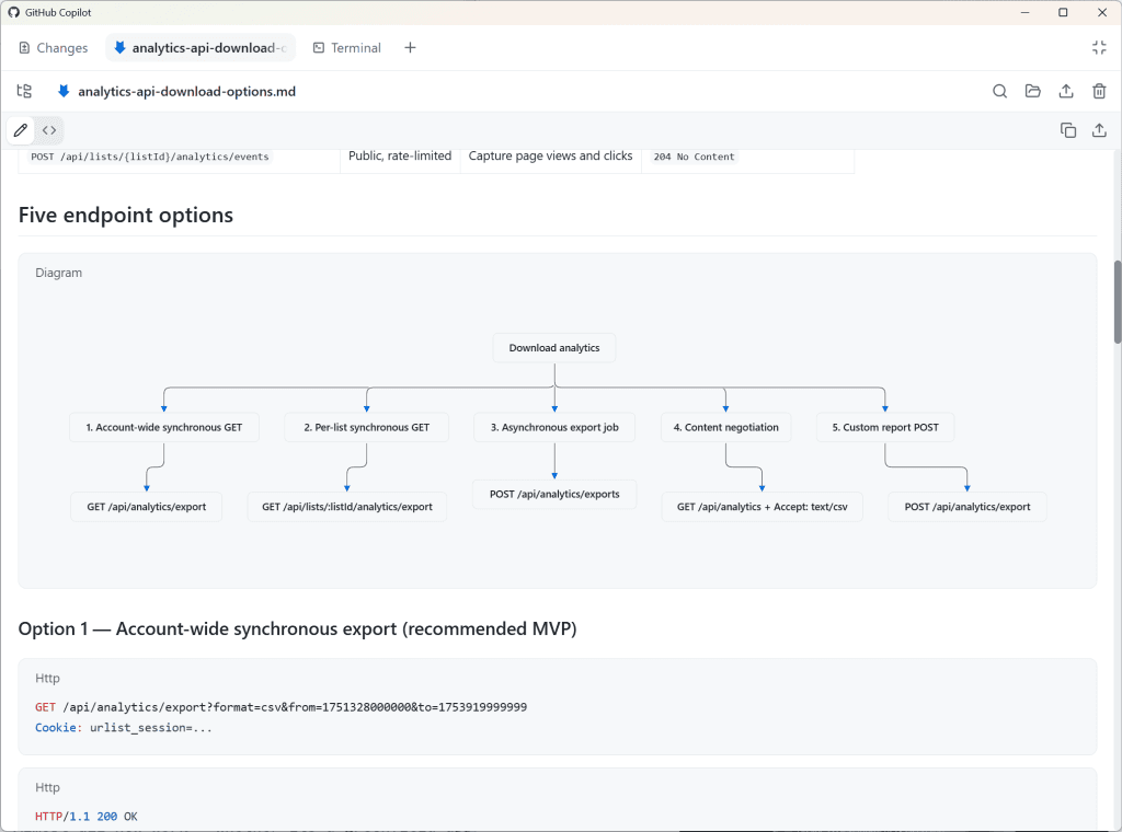 A Mermaid diagram comparing approaches for an analytics export API endpoint.