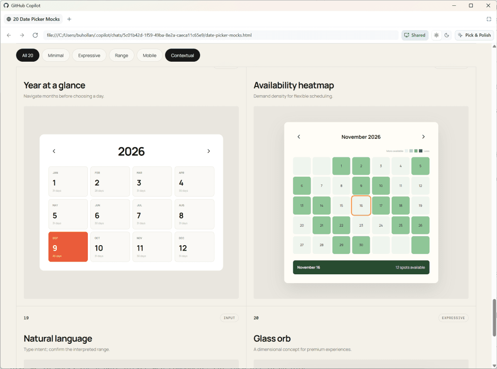 Twenty date picker prototypes generated in a single HTML file.
