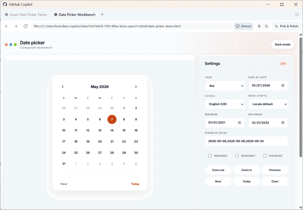 Final date picker result. It shows a monthly calendar on the left and a view settings on the right.