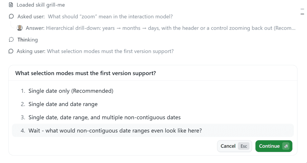 GitHub Copilot plan mode asking clarifying questions about a date picker.