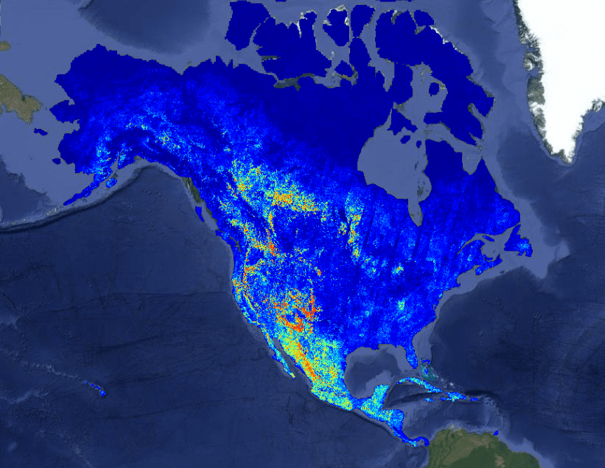 Wildfire-risk map of North America generated on the OlmoEarth Platform, shown as a blue-to-red heatmap over a satellite basemap