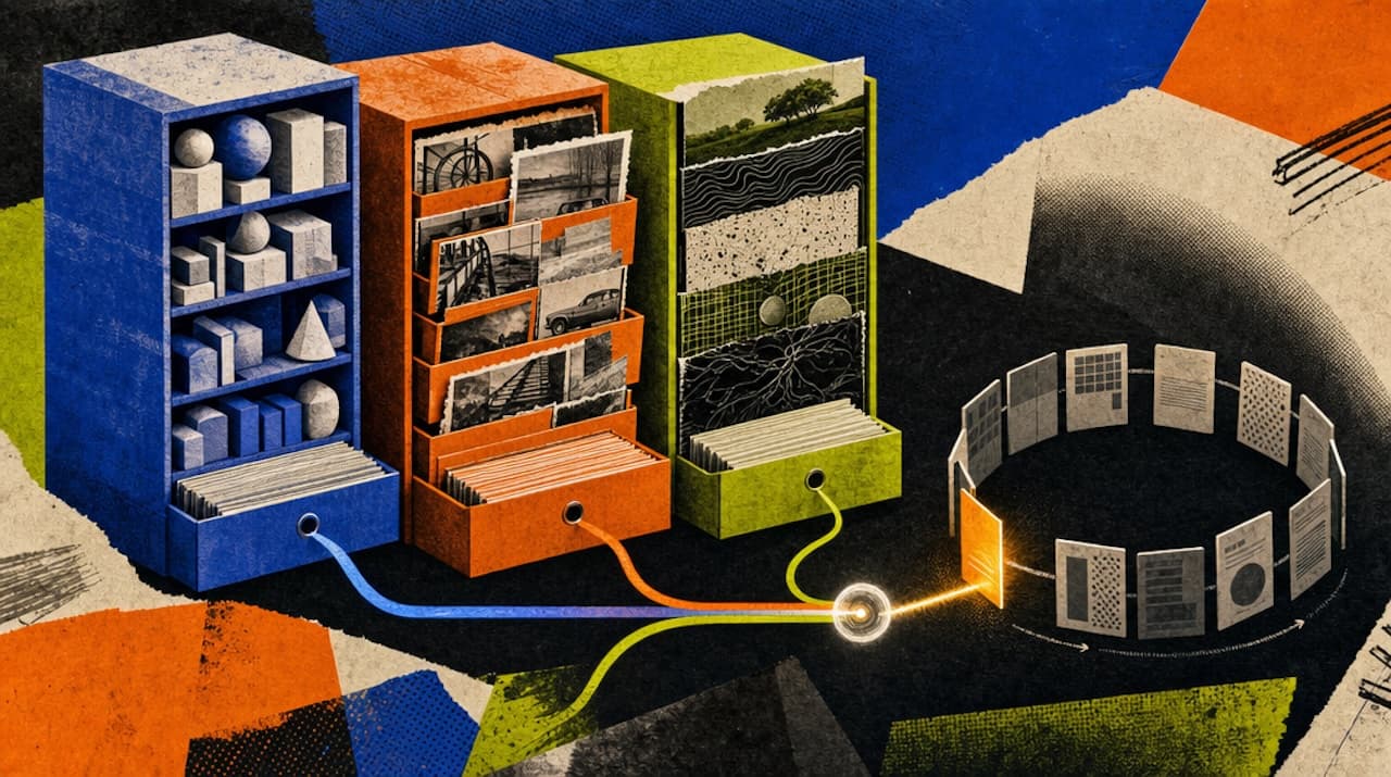 Three colorful drawers featuring geometric shapes, photographs, and layers of soil are connected by cables to a ring-shaped document loop.