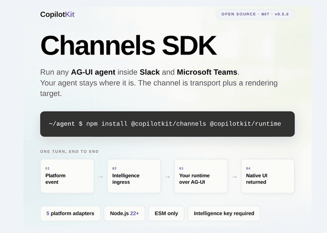 CopilotKit เปิดตัว Channels SDK ไลบรารีโอเพนซอร์ส เชื่อมต่อ AI Agent สู่ Slack และ Teams ได้ทันที
