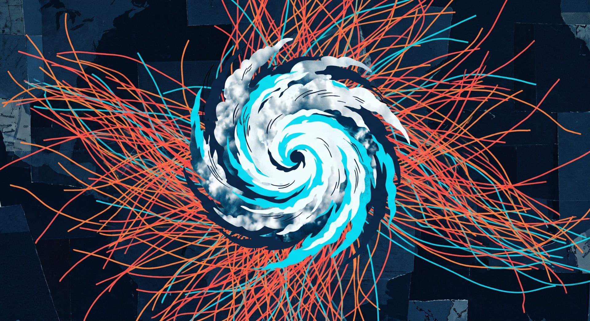 Cyclone-shaped cloud swirls with red and turquoise lines on a dark background.