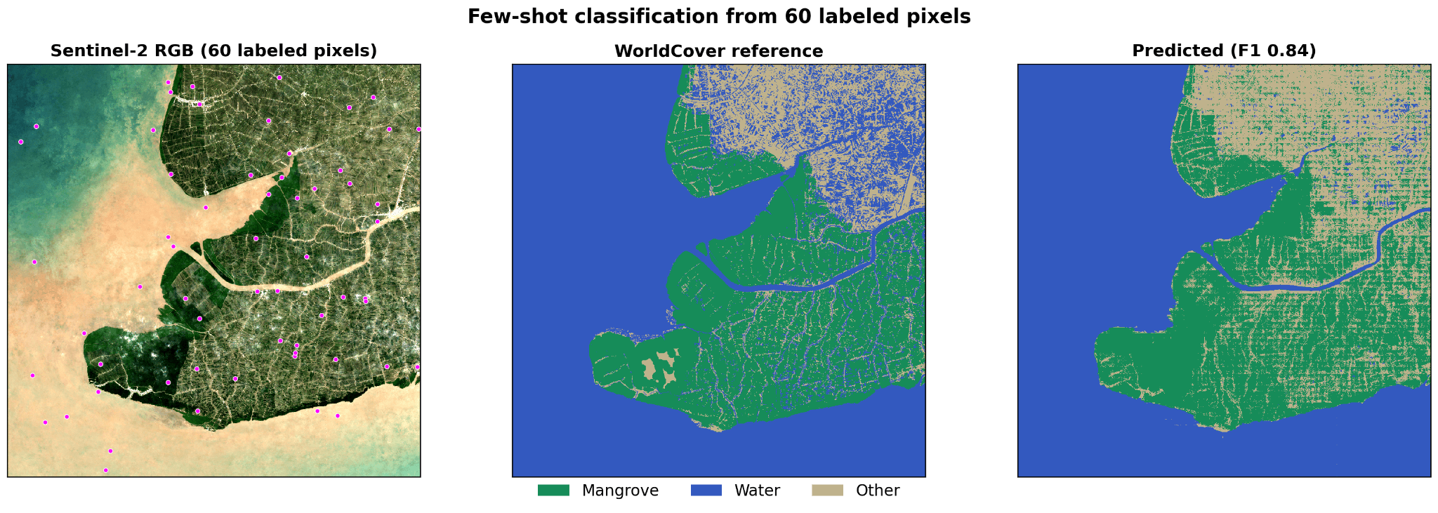 Few-shot classification from 60 labeled pixels over Ca Mau, Vietnam: Sentinel-2 RGB, the ESA WorldCover reference map, and the predicted mangrove/water/other map at F1 0.84