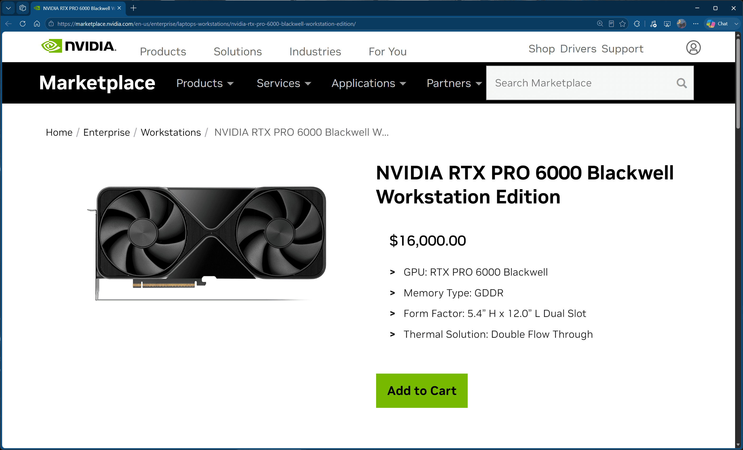 Nvidia RTX Pro 6000 Blackwell Workstation Edition listed for $16,000 on Nvidia's US Marketplace