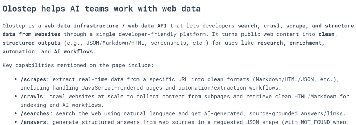 AI web scraper output answering what the company does