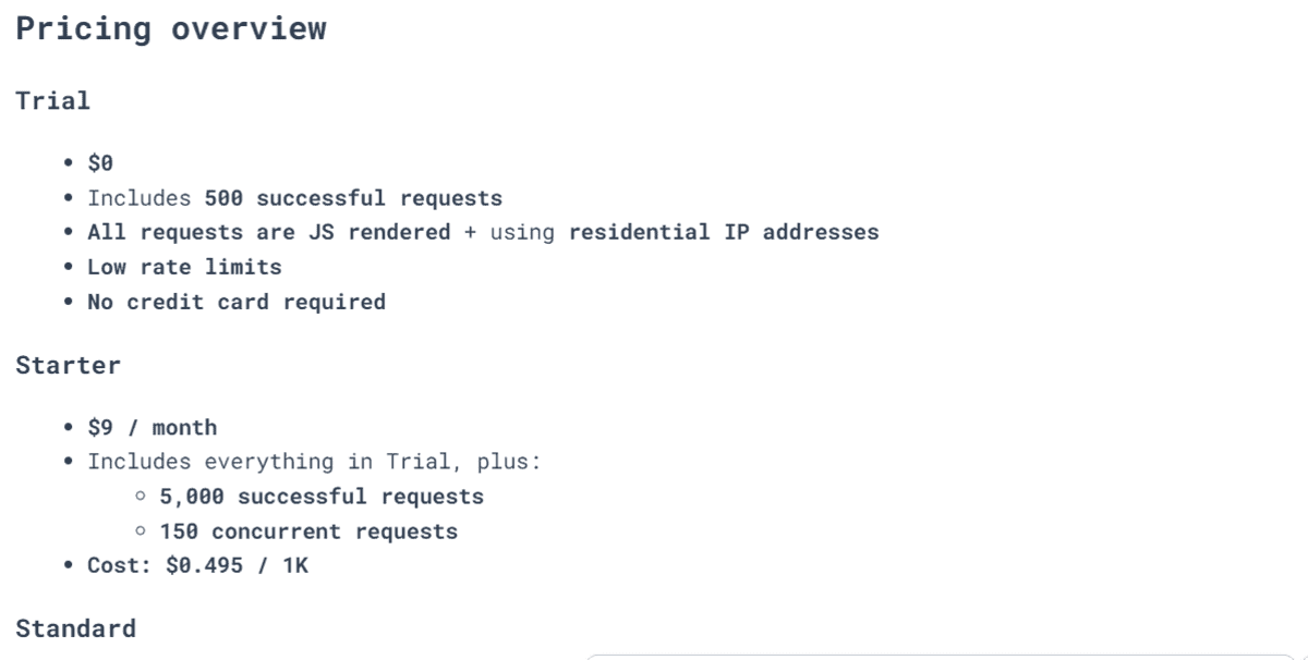 AI web scraper output summarizing pricing information