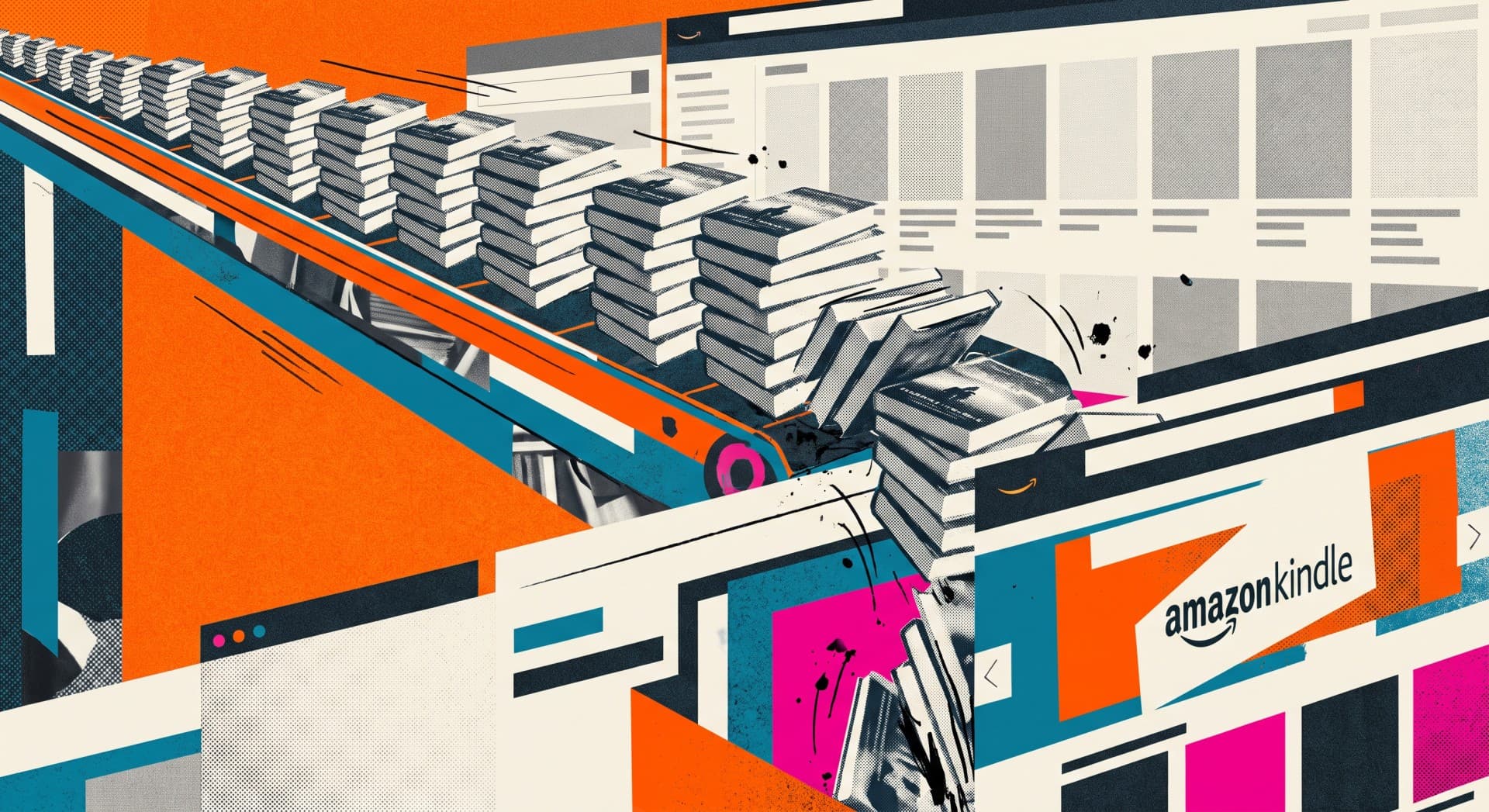Mass production of AI-generated books on an assembly line ahead of the launch of Amazon's Kindle website.