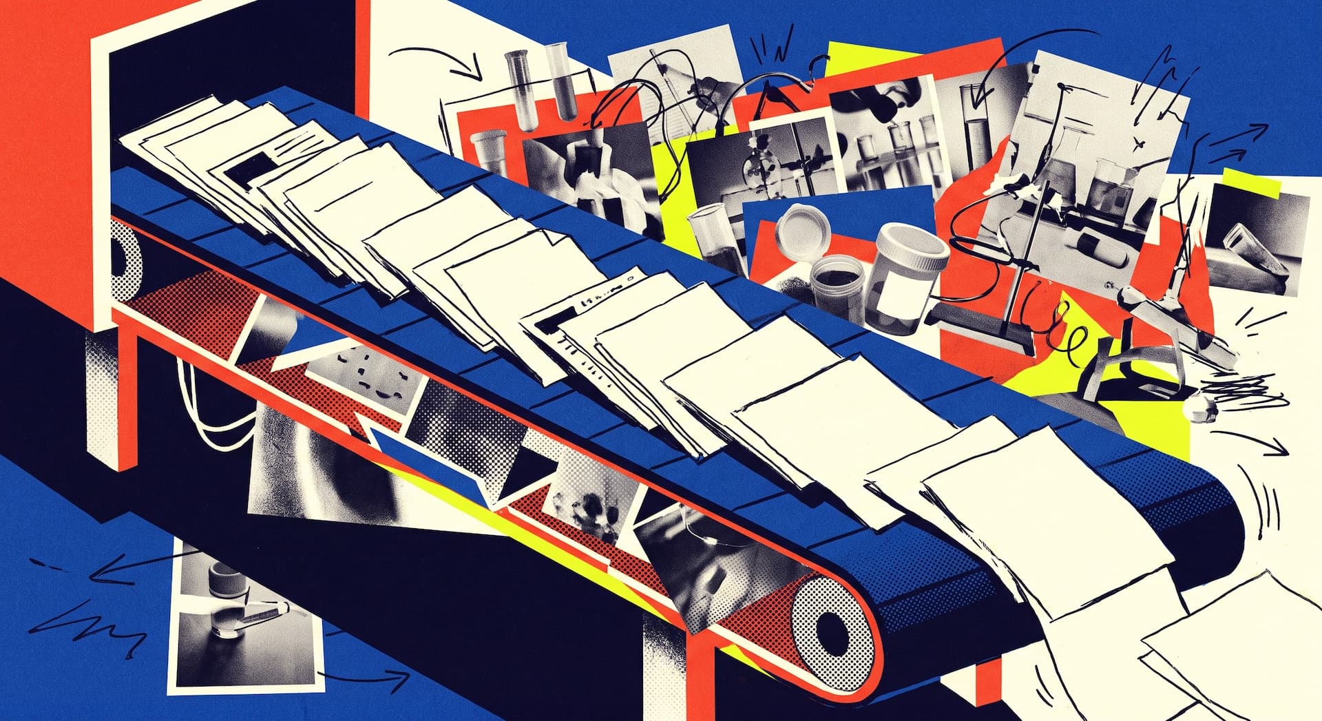 A conveyor belt carrying research documents past laboratory equipment symbolizes the AI-driven flood of scientific publications.