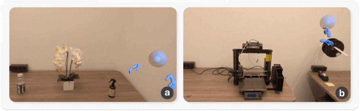 Side-by-side photos showing user study setups with floating blue hand avatars near an orchid (a) and a 3D printer (b).