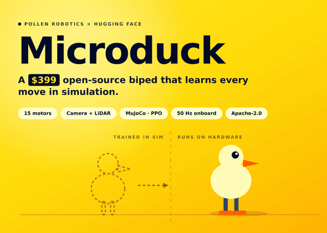 Hugging Face เปิดตัว Microduck หุ่นยนต์สองขา Open-Source ราคา 1.4 หมื่นบาท ฝึกฝนด้วย AI ได้บนโต๊ะทำงาน