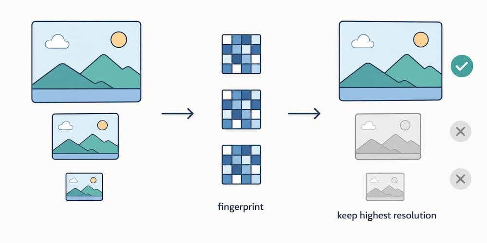Perceptual-hash deduplication: near-identical images reduced to fingerprints, duplicates grouped, keep highest resolution