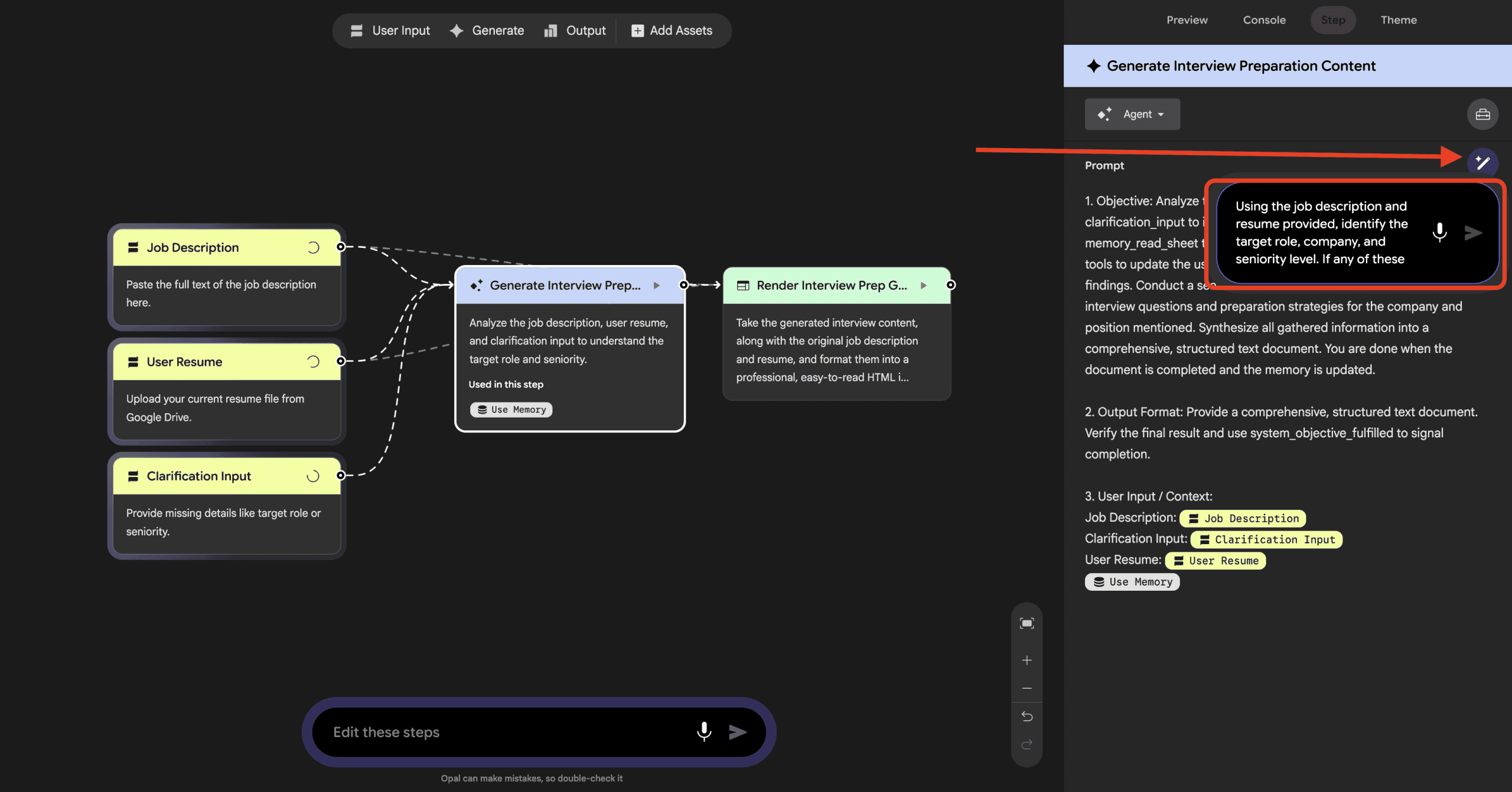 A screenshot of the Agent Generate step's sidebar, showing the prompt field with the Memory and Interactive Chat tools attached via @, visible as small chips or tags within the text.
