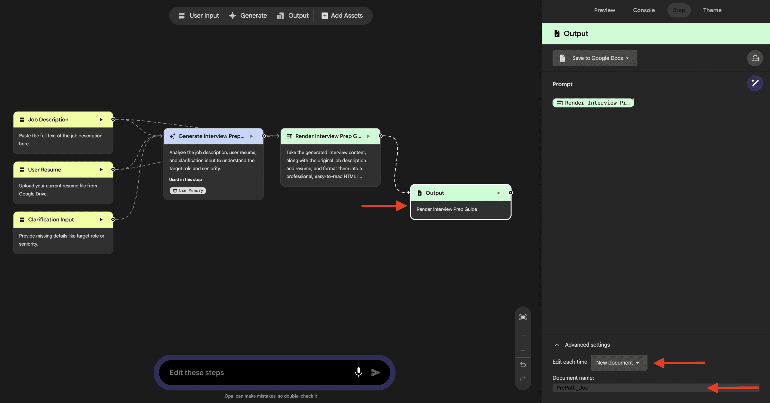 A screenshot of the Output step's sidebar, showing Google Doc selected as the output type and the title field referencing the role and company extracted earlier in the flow.